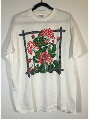 Vintage 90s 1993 Sunbelt polka dot Geranium floral white tshirt L retro colorful